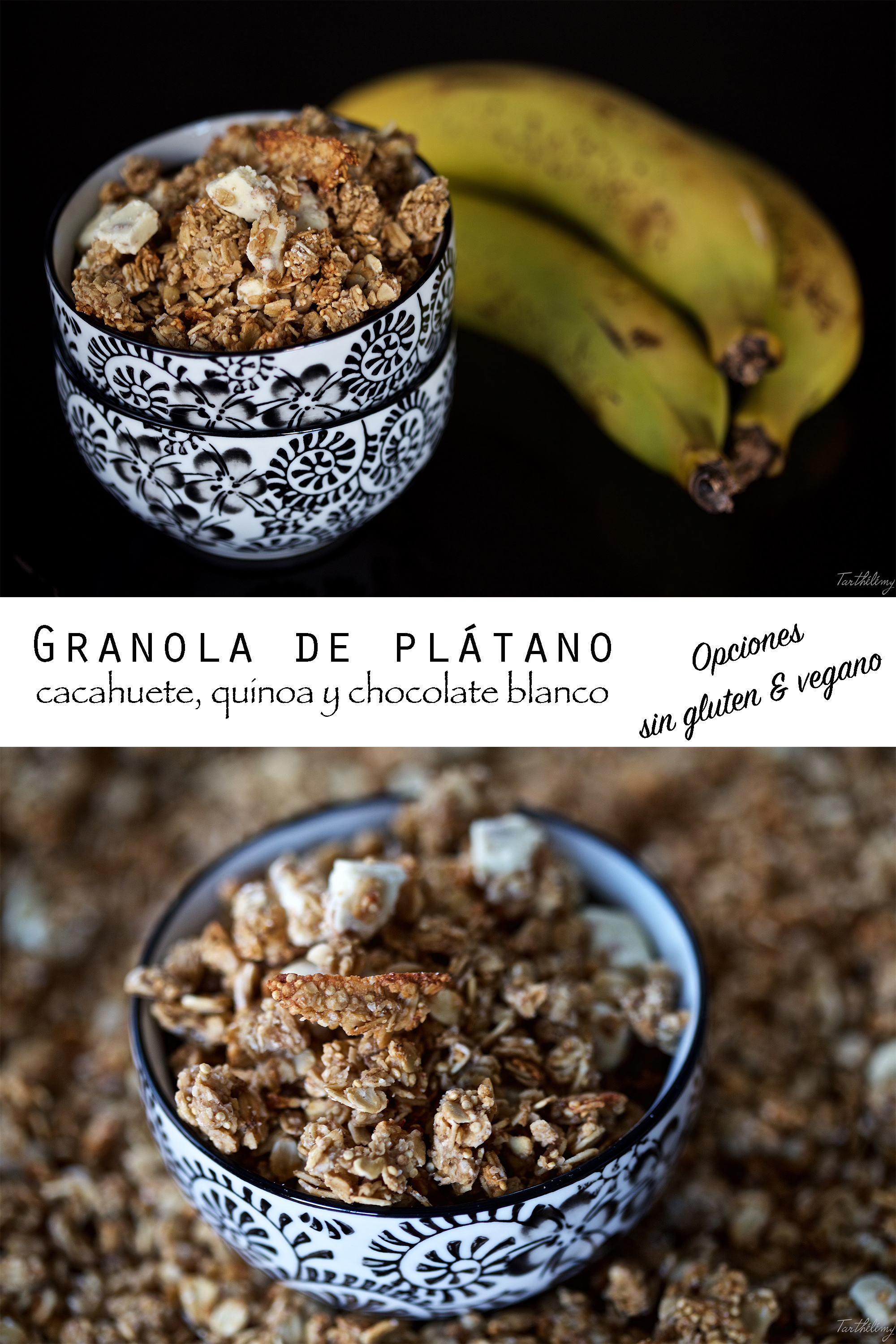 Granola de plátano, cacahuete, quinoa y chocolate blanco (opciones sin gluten y vegano)
