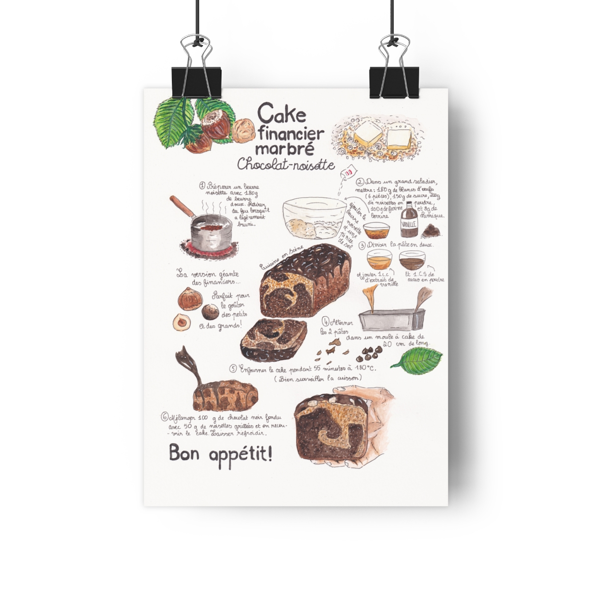 Poster recette illustrée « Cake financier marbré »